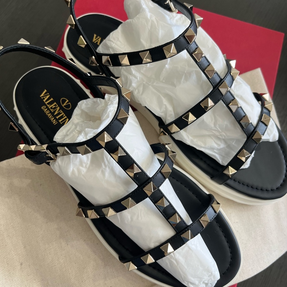 Valentino Black and Gold Studded Sandals